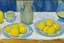 Placeholder: Lemons on a table with a blue napkin, impressionnist oil on canvas by Paul Cézanne, 1887, broad brushstrokes, canvas relief