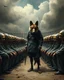 Placeholder: Bosch painting style, nightmare , prisoners lined up in circle , one after another , in the middle a guard with leached wild dog great quality picture with cinematic scenes , heavy clouds in the background