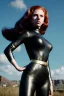 Placeholder: retro portrait image from 1960, sky background, wind, long red hair, fighting stance, sweet young Scarlett Johansson, black dress, classic long tight lycra black suit, gold bracelet and belt, high heel boots, superhero style, soft color, highly detailed, unreal engine 5, ray tracing, RTX, lumen lighting, ultra detail, volumetric lighting, 3d, finely drawn, high definition, high resolution.