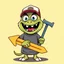 Placeholder: cartoon monster wearing a ballcap and T-shirt holding an arrow sign with handle, on solid color background