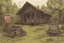 Placeholder: Lodge, administrative cabin, overgrown, post-apocalyptic, comic book, camp site signs