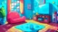 Placeholder: Fantasy cartoon illustration: Living room. On the floor there is a bright blue dot - it's a jelly bean!