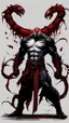 Placeholder: A close picture of Venom symbiote with kratos red tattoos and Clothes, holding blade of choice