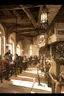 Placeholder: Lots of People sitting around tables in a medieval tavern with a stone floor, add people to the chairs