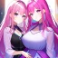 Placeholder: Clear focus, 8k, beautiful lighting, vibrant colors, girl, pink hair, long hair, vibrant purple eyes, same twins, same clothes,