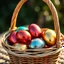Placeholder: digital photograph — off-center modern wicker basket holds Easter eggs in vibrant azure, emerald, blush, crimson, gold, sapphire, and metallic tones. Each egg's glossy surface reflects intricate dimpled textures under dramatic cinematic HDR backlighting, emphasizing subtle sheen contrasts. Shallow depth of field softens sunlit background in hyperrealistic 8k clarity.