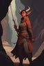 Placeholder: A DnD character. A female horned Tiefling ranger with pointy ears standing in a cave. The Tiefling has a little pterosaurs on her shoulder and a rapier in her hand.