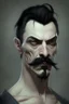 Placeholder: short wirey lean muscular trimmed goatee moustache sterm serious short black hair pale skin ghoul wight