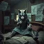 Placeholder: full wolf furry on her body an anthropomorphic wolf woman hybrid sitting in the middle of a bed with a sewing needle and thread in her paw sewing a wide material belt, around her in the background are some paper with sketchy line kind drawings from monster on the walls of the wooden house, high realistic, detailed, cinematic, sci-fi, digital art, dark fantasy mood