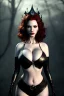 Placeholder: Christina Hendricks as evil queen in black leather, leather, busty, cleavage, angry, stern look. character design by cory loftis, fenghua zhong, ryohei hase, ismail inceoglu and ruan jia. unreal engine 5, artistic lighting, highly detailed, photorealistic, fantasy