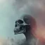 Placeholder: abstract photographic camera mixed with skull in dirty style. fog and smoke in atmosphere. bokeh, lens flare. Dark mood. Dripping paint. oil on canvas, mixed media, high detailed.