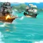 Placeholder: Two pirate ships fight each other at sea. Firing cannons. One ship is hit and burns after being hit.