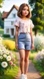 Placeholder: a 5 percent carton like 4 years old girl with realistic face and bob hair and makeup in pretty top and short tight and nice shoes,looking like a beautifull lady standing in country side next to country house with flowers,trees.