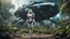 Placeholder: Wide-angle, full body of a woman, with straight blond hair, dressed like a robot, with equipment in her hands, next to a crashed spaceship, on an alien jungle world in the multiverse