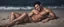 Placeholder: Hyper realistic very handsome shirtless muscular short black hair man smiling & lying down on a beach wearing tight shorts at rainy night