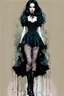 Placeholder: Create and fine print full body illustration of a Goth Girl ball jointed porcelain doll, with finely lined and detailed facial features in a ragged gothic dress, fishnet stockings ,battered combat boots, , in the graphic novel style of Bill Sienkiewicz, and Jean Giraud Moebius, precisely drawn, colored and inked