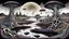 Placeholder: painted inner world with uncontrolled mind and neurodivergens soul, floating islands and rocks over surreal cracked weird empty landscape . deep dark purple, gray, black, white, brown, malachit, cream color. Whimsical strange style of chagl, of Quentin Blake. No people in picture, weird absurd beauty nightmare, black rawen, in background fade neuron network-web, surreal vibe,
