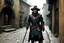 Placeholder: (photo from a movie by Lyon Sprague de Camp) a medieval ranger as investigator in the mysterious streets of the old city, close to The Goblin Tower, dust, staff, the guard is never far in the shadows of the streets