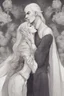 Placeholder: Strahd Von Zarovich being kissed by a beautiful woman with white hair, wearing an off the shoulder dress. Settling and background are a lavish toomb with an ebony coffin.