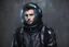 Placeholder: man wearing futuristic spaceman overall, looking at camera, cyber punk, middle shot, black steel wall at background, by Saturno Butto, dark blue tones