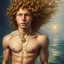 Placeholder: intricate, sharp focus, highly detailed, digital painting, Paul Lewin and Kehinde Wiley, full body image of a beautiful 12 year old boy with long, blonde curly hair and light blue eyes, smiling, shirtless, in front of an distant beach