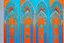 Placeholder: semi-abstract painting, triptych with 3 gothic_arab gates in blue, turquoise and orange