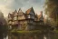 Placeholder: portrait of a tudor manor house on a street, fishpond architecture, highly detailed, blue sky, cinematic lighting, digital art painting by greg rutkowski