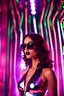 Placeholder: Photograph disco club,super model pretty girl,fashion latex suit,sunglasses ,disco light background