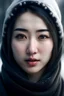 Placeholder: best quality, masterpiece, ultra high res, (photorealistic:1.4), 1 beautiful korean woman, half body, black eyes, snowy skin , black eyebrows , medium noise , small mouth , wearing hijab , looking at viewer, --q 2 --v 5, no NSFW