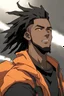 Placeholder: Black anime male, muscular body, think long dreads going down back, orange eyes, black and orange hoodie, black jeans, relaxed smile, hair faded around only sides of head.
