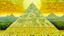 Placeholder: Pale greenish yellow pyramids with suns designed in Navajo woven art painted by Claude Monet