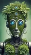 Placeholder: a portrait of a vegan hippie robot made of living plants, and having a sentient look in its eyes, like a buddha