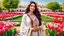 Placeholder: Hyper Realistic Photographic Long View Of A Beautiful Pashto Woman (With Beautiful Eyes Lips & Nose, & Long Black Hair; Wearing White Frock With Maroon Embroidery) Happily Standing & Smiling In A Beautiful Colorful Flower Garden With Red & White Tulips With Fancy Stone Water Fountain & A Peacock (With Colorful Wings) Walking On The Grass Around Her At Beautiful Cloudy Sunny Day Showing Dramatic & Cinematic Ambiance.