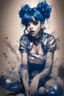 Placeholder: Poster in two gradually, a one side the Singer Melanie Martinez face, full body, sit pose, painting by Yoji Shinkawa, darkblue and sepia tones,sinister, detailed iridescent, metallic, translucent, dramatic lighting, hyper futuristic, digital art, shot with Sony Alpha a9 Il and Sony FE 200-600mm f/5.6-6.3 G OSS lens, natural light, hyper realistic photograph, ultra detailed -ar 3:2 -q 2 -s 750,malevolent goth vampire girl face and other side