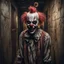 Placeholder: Hyper Realistic Zombie clown creepily smiling in dark hallway with a pentagram on a rustic wall