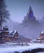 Placeholder: A magical snowy warlock castle with river canals and large Christmas tree