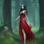 Placeholder: Girl by behind with black hair wearing long red dress in a magic forest, fantasy style, surrealism, 8k