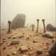 Placeholder: A striking quality close-up Kodak image captures a surreal wasteland with odd stones, odd spindle-shaped objects, spooky, creepy, details of the dust very accentuated, glossy, organic, adorned with minerals and rocks, fog, feeble light, eerie, Yves Tanguy style, volumetric light, fog