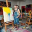 Placeholder: An elderly bohemian artist with wild curly white hair, worn beret, denim overalls with suspenders paint-stained, colorful striped socks and sandals, standing at large easel painting vibrant abstract expressionist canvas with dripping yellows, electric blues, hot pinks, deep reds, bold blacks cascading down. Art studio with colorful abstract expressionist paintings hanging on walls in background, finished artworks displayed. Studio floor covered in paint tubes, brushes, palette knives, rainbow pa