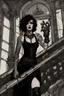 Placeholder: scarred cyberpunk vampire girl with tribal tattoos short curly dark cyberpunk hair descending the staircase in decaying gothic mansion with ornate dagger in hand at dawn