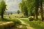 Placeholder: Peder Mork Monsted style,Hungary, field with hay bales, dirt road, forest in the distance, summer