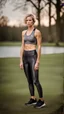 Placeholder: photography of a beautiful anorexic woman, grey satin triathlon top, sports illustrated, blond short wavy bob haircut, pronounced sternum, anthracite running leggins