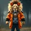 Placeholder: Lion toddler, smile, steampunk headphone, sunglass, gangsta neckless, full body, orange puffer jacket, tokio background, dramatic lighting, hyper realistic, unreal engine 5, 16k