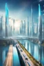 Placeholder: Dreamlike Skyline of Downtown futuristic hightech city in 4050 and a stunning futuristic Bridge During Sunlight over the azur-silver color river, cold colors, high detalied, sci-fi, landscape