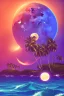 Placeholder: 1980's vaporwave aesthetic palm trees with lightning with lunar eclipse moon crescent in the ocean waves sunset