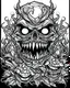 Placeholder: create a 2d black outline, "scary psycho monster with half of face with deformation on face and psycho smile and corrupted thorn coloring book for adults", coloring page, low details design, black contour, coloring page design, coloring page for adults,horror background, black contour and white space beetween contour, same contour,sketch style, horror style, creepy style, minimalist, halloween background,simple