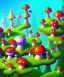 Placeholder: A small and colourful mushroom town in the middle of a large mushroom forest