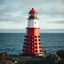 Placeholder: a white and red Dalek as a light house by the ocean