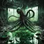 Placeholder: Cinematic sci-fi movie still of a dystopian abandoned messy lab where a glass vat holds a fantastical lovecraftian xenomorphic tentacled creature suspended in greenish viscous liquid, small greenish pool on floor, art from beyond, dramatic, poster art masterpiece, silver and black and green color scheme, by Jakub Rozalski and H.R. Giger and Brian Despain