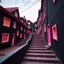 Placeholder: Fotografia di strada assurda e falsa orripilante blu weirdcore dai colori vivac. Oddcore, liminalcore. Scale che scendono. Yves Tanguy. Non luogo falso, inusuale. Le case sono false e dipinte di nero chiaro con cose stilizzate e dettagli. Ci sono finestrelle false quadrate, che danno un senso distopico e molto surreale, disposte in modo casuale. L'atmosfera generale sembra noiosa e onirica, con un contrasto tra elementi reali ed elementi dipinti falsi, René Magritte, oddest things